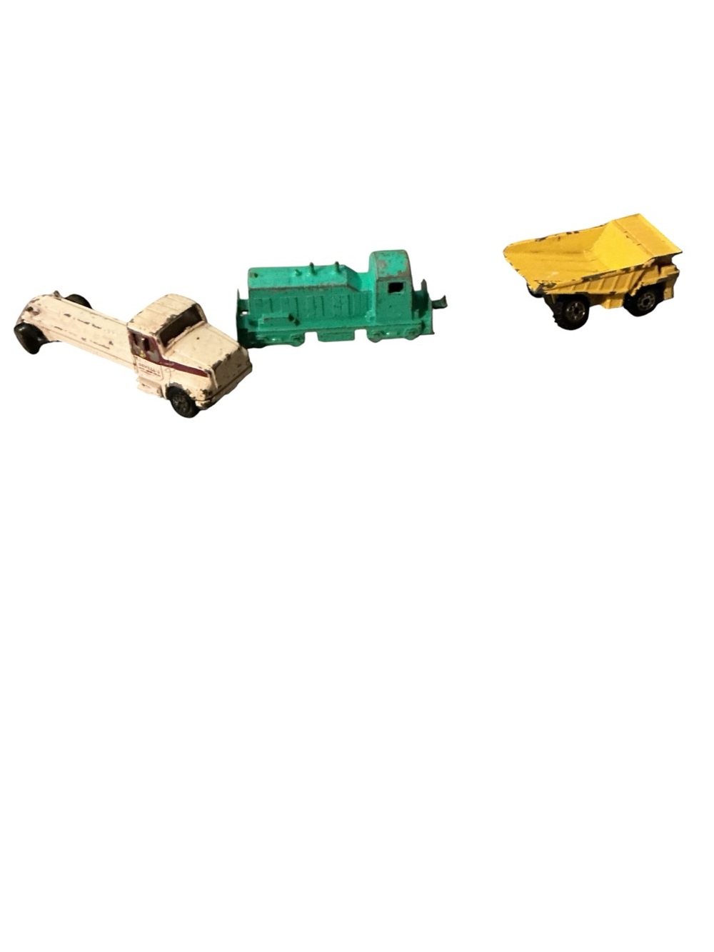 Toy Vehicle Set - White Tow Truck, Green Locomotive, Yellow Dump Truck
